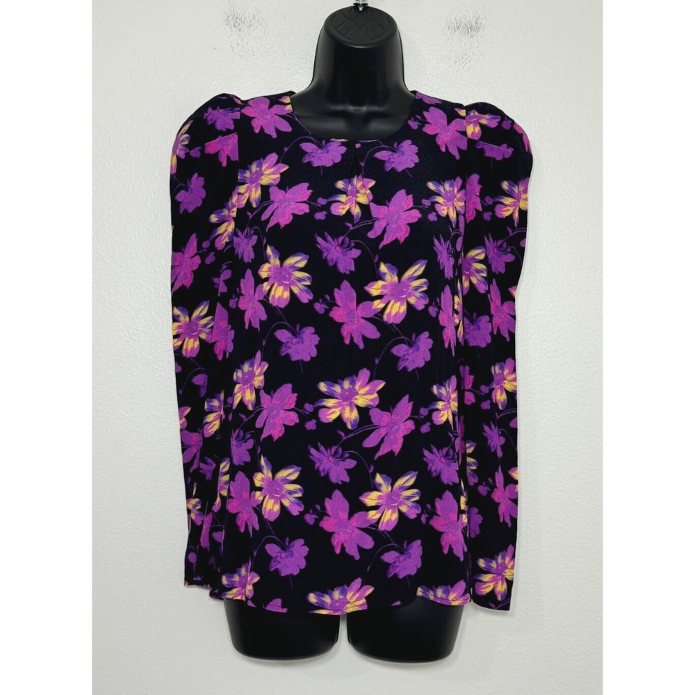 Maje Floral Blouse Womens Large Long Sleeve Top Puff Shoulder Career Feminine - Picture 2 of 15